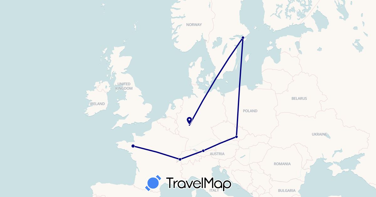 TravelMap itinerary: driving in Switzerland, Czech Republic, Germany, France, Sweden (Europe)